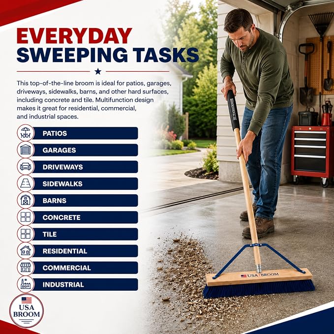 2-Pack - 24" Everyday Sweep Indoor/Outdoor Push Broom with 60" Handle. Ideal for Garages & Shops. Durable American Made Steel Brackets-All Stainless Steel Hardware. No Plastic. 100% USA Made