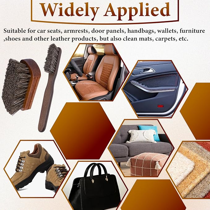 2 PCS Leather Brush Car Detailing, Horse Hair Brush, Car Cleaning Supplies | Car Interior Brush, Carpet Brush for Car Detailing, for Car Accessories Interior, Carpet, Upholstery, Furniture and Shoes