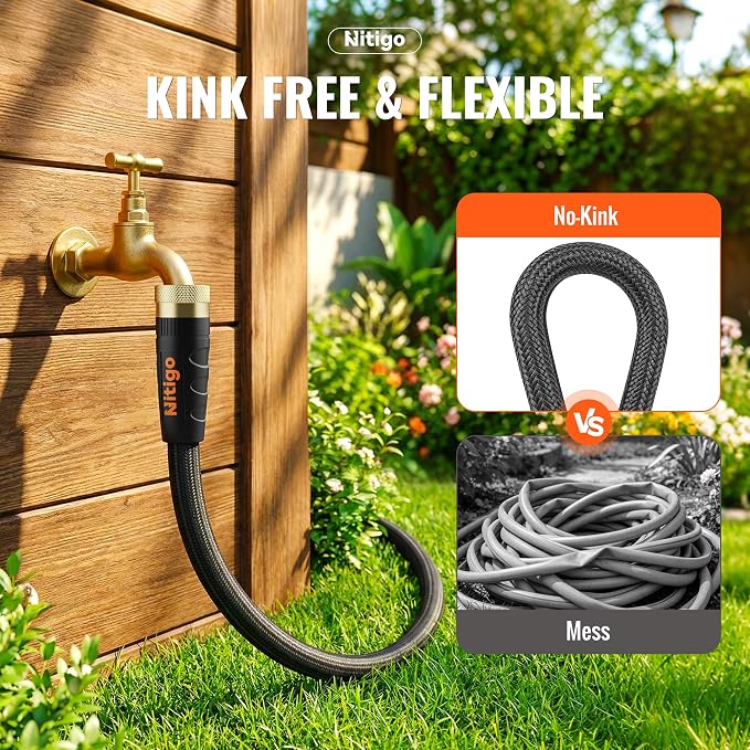 Nitigo Ultra Lightweight Garden Hose 50 FT, 2 Pounds | Wear-Resistant Nylon Outer Layer, Non-Expanding Flexible Water Hose, Kink-Free, 10-Function Sprayer, Burst 280 PSI, 3/4" GHT