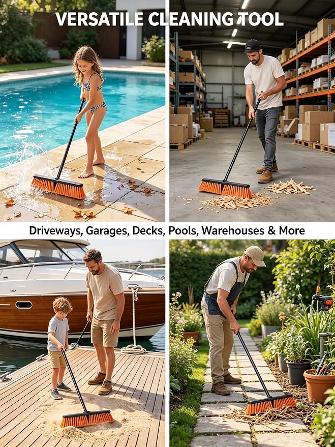 Push Broom, Outdoor Broom, Push Broom Outdoor for Garage, Deck | 18‑inch stiff bristle head works as garage, shop & industrial broom for concrete, decks, patios. Ergonomic handle + hook