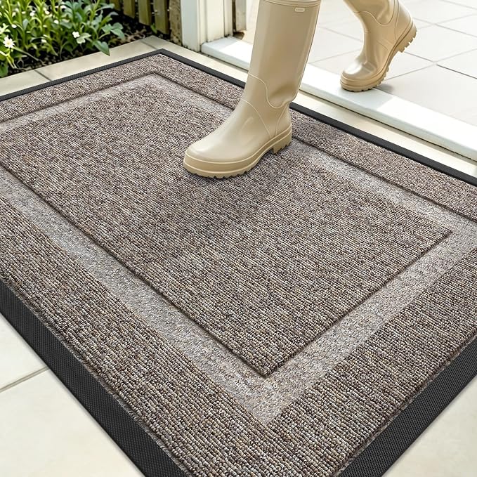 OLANLY Front Door Mat Outside 35x23, All-Season Heavy-Duty Rubber Doormat | Khaki and White, Absorbent, Stain and Fade Resistant, Non-Slip Backing, Low-Profile Indoor Outdoor Floor Mat for Entryway