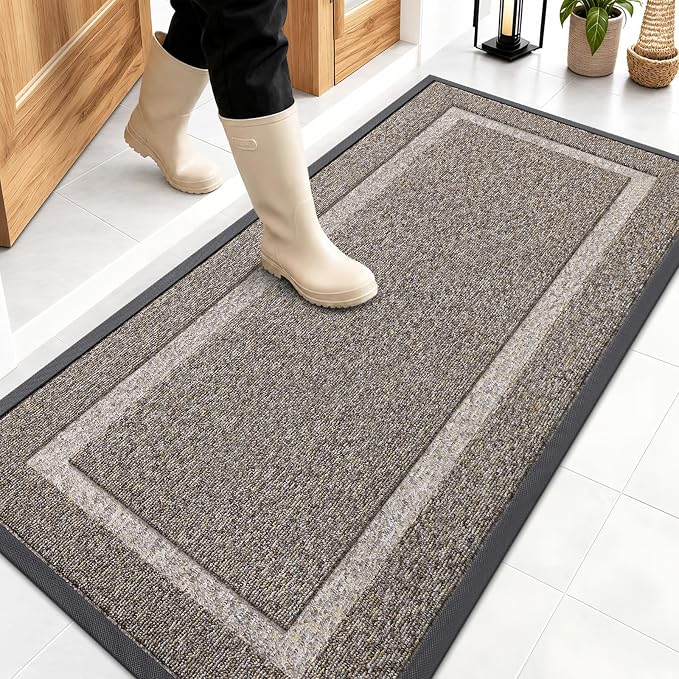 OLANLY Front Door Mat Outside 47x23, All-Season Heavy-Duty Rubber Doormat | Khaki and White, Absorbent, Stain and Fade Resistant, Non-Slip Backing, Low-Profile Indoor Outdoor Floor Mat for Entryway