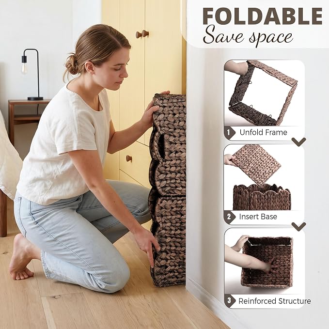Set of 4 Foldable Scalloped Wicker Storage Cubes Basket, Storage Cube Bins -12"x12"x12", Collapsible Cube Organizers, Water Hyacinth Woven Bins for Bathroom, Bedroom, Shelves,...(Espresso Color)