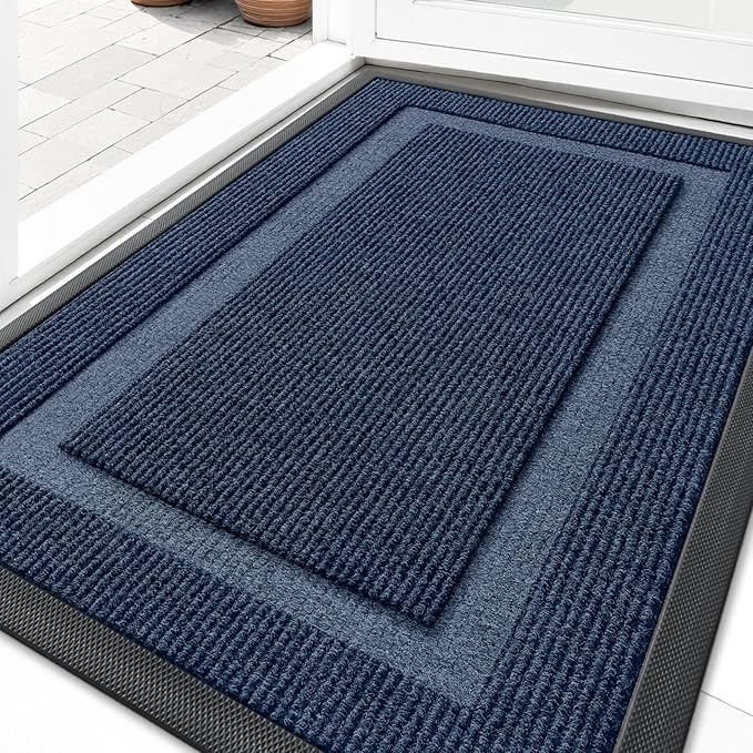 OLANLY Front Door Mat Outside 29.5x17, All-Season Heavy-Duty Rubber Doormat | Blue, Absorbent, Stain and Fade Resistant, Waterproof Non-Slip Backing, Low-Profile Indoor Outdoor Floor Mat for Entryway