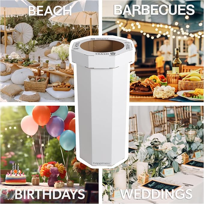 happimess Fleur 25 Gal Trash Can Bin, Cotton White, Set of 2 | Event Recycling, Traditional Classic Disposable Corrugated Cardboard, 32" Height, 16" Width, 16" Depth
