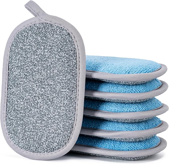 Non Scratch Scrub Sponge-6pack, Dual-Sided Sponges Kitchen(L,Gray-Blue) | Reusable Microfiber Sponge for Efficiently Cleaning Dishes, High Density Sponge Inside