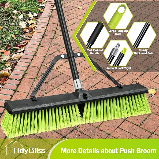 TidyBliss 24” Push Broom Outdoor Heavy Duty, Large Commercial Stiff Bristle Brush with 63 inches Long Handle for Garage Shop Garden Yard Patio Deck Street Warehouse Lawn Driveway (Yellow-Green)