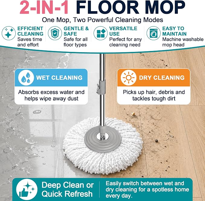 Easy-Rinse Mop Bucket Gen 2, Clean/Dirty Water Separation,Pink | Shower-Style Rinse, 1.5 Gal Capacity, 4 Wheels, 61-inch Handle, 6 Heads, for Apartments, Hardwood, Laminate & Tile Floors