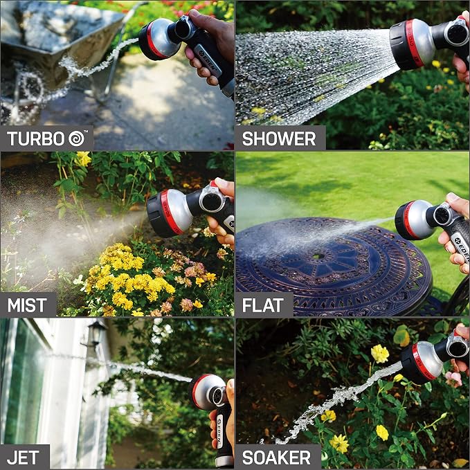 Eden 94814 Metal Thumb Control Heavy Duty Garden Hose Nozzle, Water Sprayer Nozzle with 6 Adjustable Watering Patterns, W/Quick Connect Starter Set for Plants, Lawn, Garden