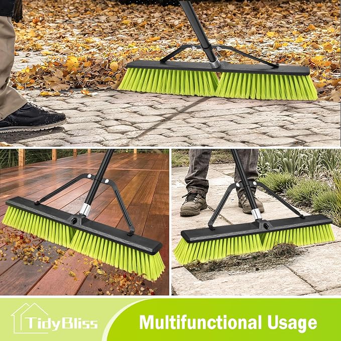 TidyBliss 2 Pack 24” Push Broom Outdoor Heavy Duty, Large Commercial Stiff Bristle Brush with 63 inches Long Handle for Garage Shop Garden Yard Patio Deck Street Warehouse Lawn Driveway (Yellow-Green)
