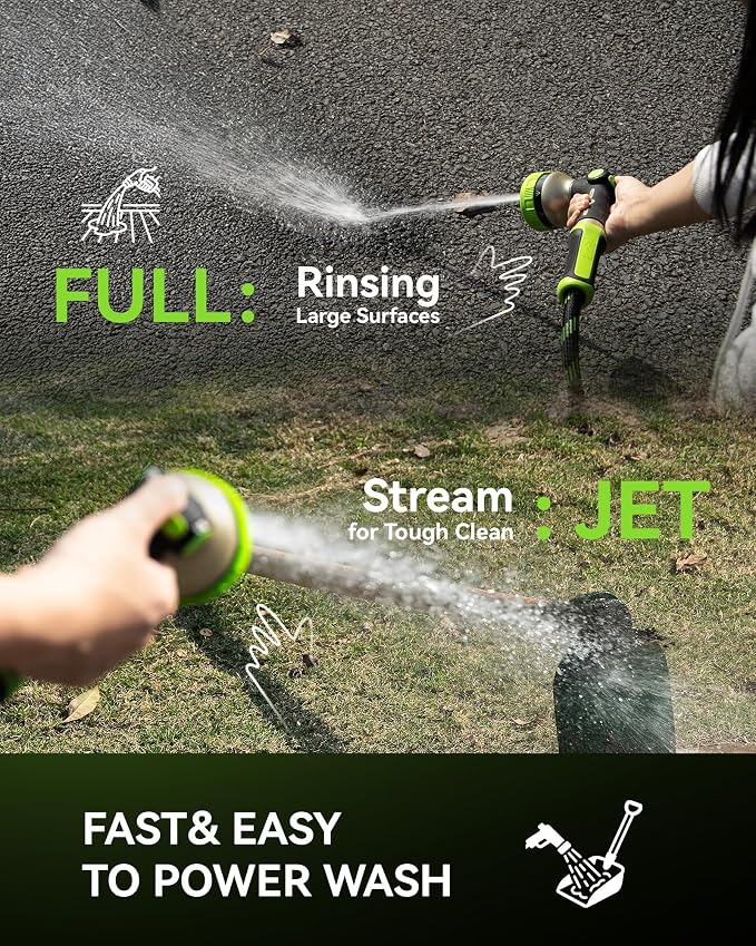 RAINPOINT Hose Sprayer Nozzle Heavy Duty - 8 Spray Patterns Garden Hose Nozzle with Adjustable Flow Control for Watering Plants, Washing Cars,Washing Pets, Thumb Control (Green)