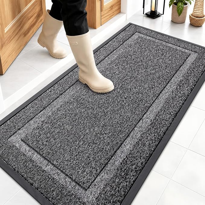 OLANLY Front Door Mat Outside 47x23, All-Season Heavy-Duty Rubber Doormat | Black and White, Absorbent, Stain and Fade Resistant, Non-Slip Backing, Low-Profile Indoor Outdoor Floor Mat for Entryway