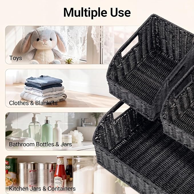 Brownlily Faux Wicker Pantry Storage Baskets, Black-Single Set (3-Piece) | Handwoven Baskets for Organizing with Built-in Handles, All-Purpose Storage Baskets with Chalkboard for Shelves,Laundry Room