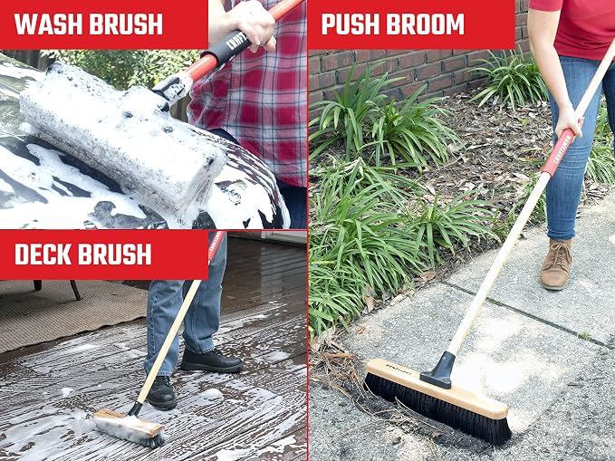 CRAFTSMAN CMXMKIT0080 3-Piece Heavy Duty Cleaning Tool Set with 10 in.All-Surface Wash,12 in. Scrubbing Deck Brush & 18 in. Push Broom, Brown