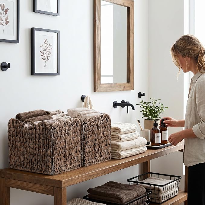 Set of 4 Foldable Scalloped Wicker Storage Cubes Basket, Storage Cube Bins -12"x12"x12", Collapsible Cube Organizers, Water Hyacinth Woven Bins for Bathroom, Bedroom, Shelves,...(Espresso Color)