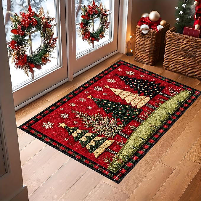 Christmas Tree Area Rug 15.7x23.6 Inch, Faux Cashmere Non Slip Floor Mat, Red Snowflake Holiday Rug for Entryway Bedroom Kitchen (Christmas Tree, 15.7x23.6inch)