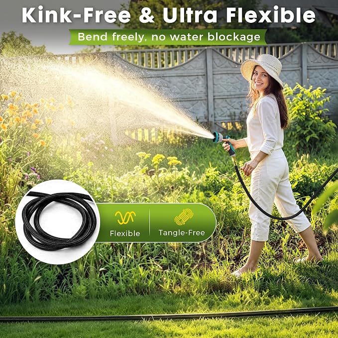 Garden Hose 25FT, Lightweight Flexible Water Hose | Solid Brass Fittings,10 Function nozzle, Wear Resistant, Non-Expandable, Yard, Lawn, Car Washing