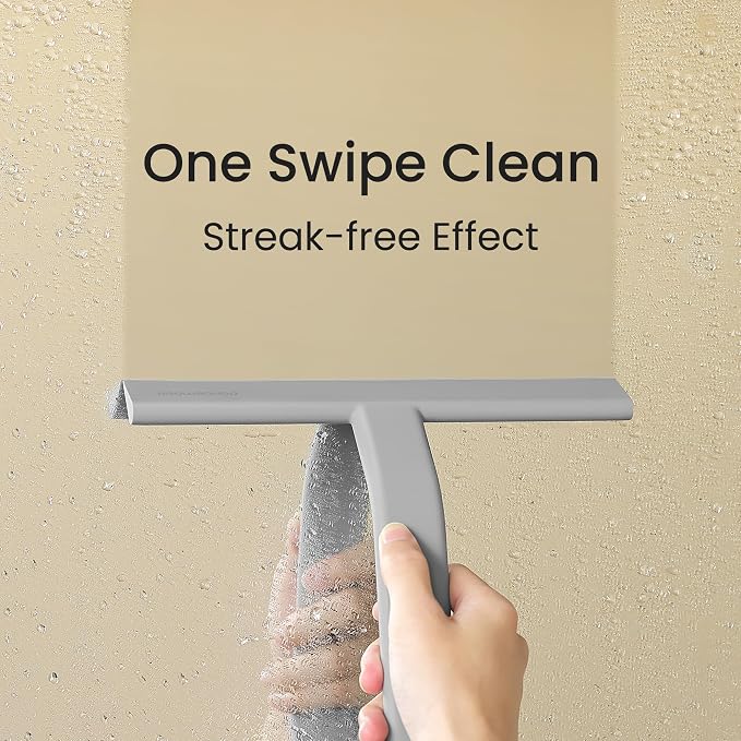 JustHang Shower Squeegee with Built-in Hook, 10-Inch Gray | Award-Winning Design, All-One-Piece Soft-Touch Silicone, for Glass Door, Bathroom, Window, Mirror, Tile Wall, Car