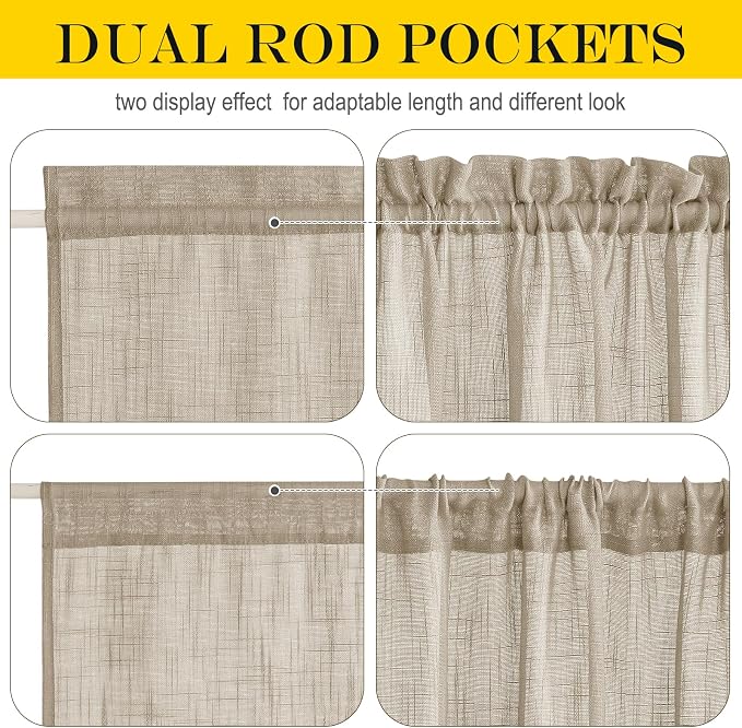 NICETOWN Privacy Sidelight Curtain Short - 40 inches Length Semitransparent Faux Linen Privacy with Enough Light French Door Panel Curtain with Tie Back (Taupe, Sold Individually, 30 inches Wide)