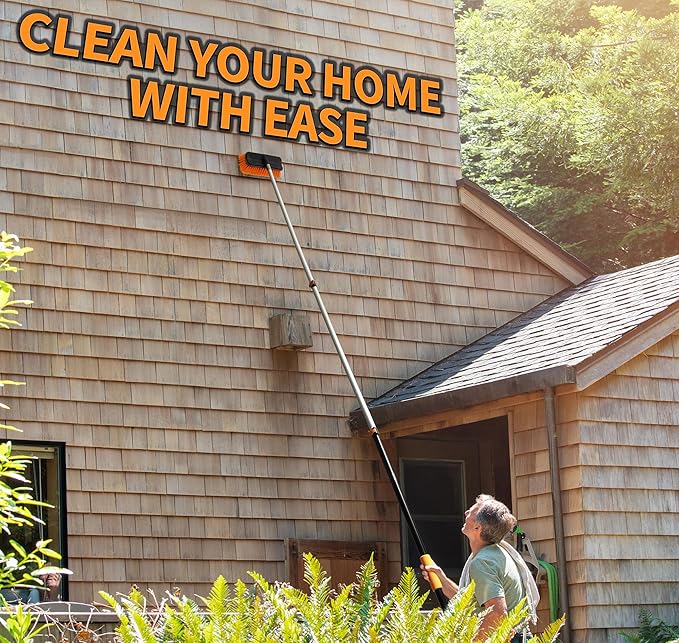 30-Foot Exterior House Cleaning Brush Set with 5-24 ft Extension Pole | Vinyl Siding Brushes with Telescopic Extendable Pole & Window Cleaning Squeegee // The Ultimate Extension Scrub Brush Set