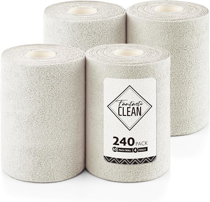 Fantasticlean Microfiber Cleaning Cloth Roll, 240 Pack, 8" x 8", Off-White | Tear Away Microfiber Towel Roll, Reusable Paper Towels, Rags for Kitchen, Pet, Dust, Car, Office, Cleaning Supplies, 4 Rolls