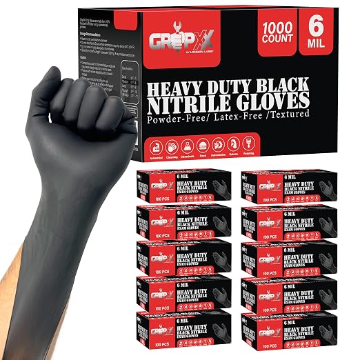 London Labs Heavy Duty 6 Mil Black Nitrile Gloves - Disposable, Latex & Powder Free | Mechanic, Food Prep & Tattoo | Rubber Gloves for Cooking, Cleaning & Household |Bulk Case of (1000)