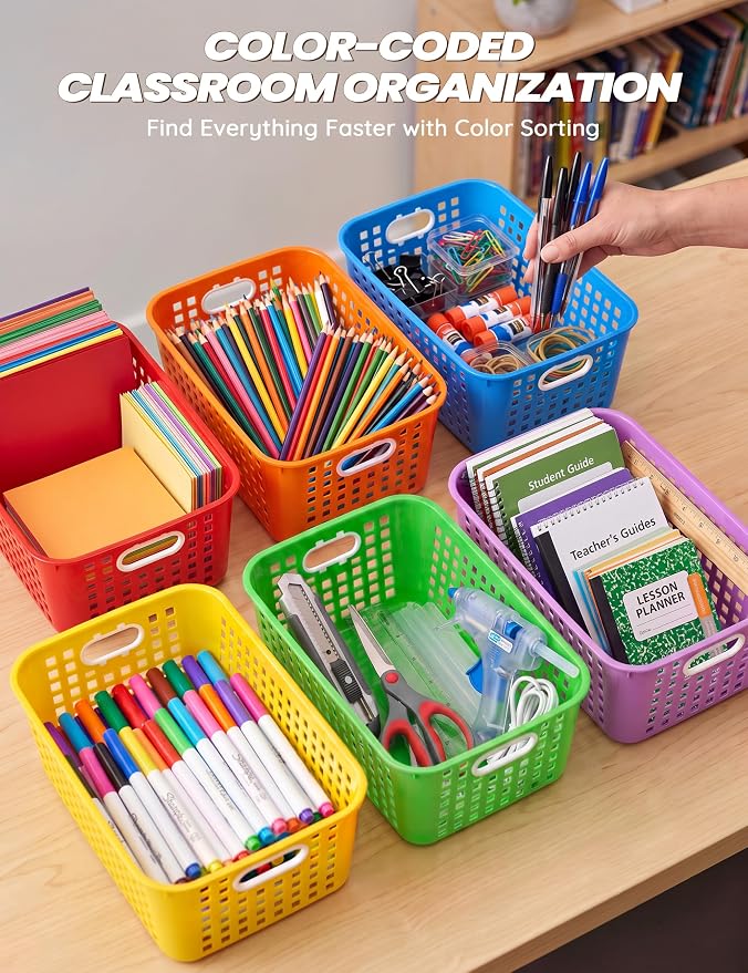 6 Pack Plastic Classroom Storage Baskets, Organizer Bins with Handle | Rainbow Color 11" × 7.1" × 4.6" Medium Papers Book Storage Organizer for School Classroom Library Office Home Desktop Closets