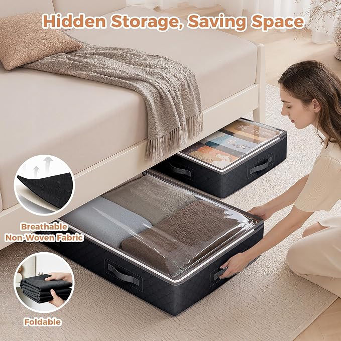 Budding Joy 95L Under Bed Storage Containers, 6 Pack Clothes Storage Bins | Foldable underbed storage bins for linen sheets, blanket, clothing, comforter, sweaters, pillows, wrapping paper, black