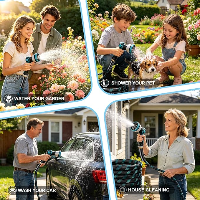 Garden Hose 25FT, Ultra Lightweight with 10-Function Nozzle | Kink-free & leak-proof 25FT hose. Ultra-lightweight 2.8 lbs, durable fittings, 10-pattern nozzle. Includes 3 extra washers.