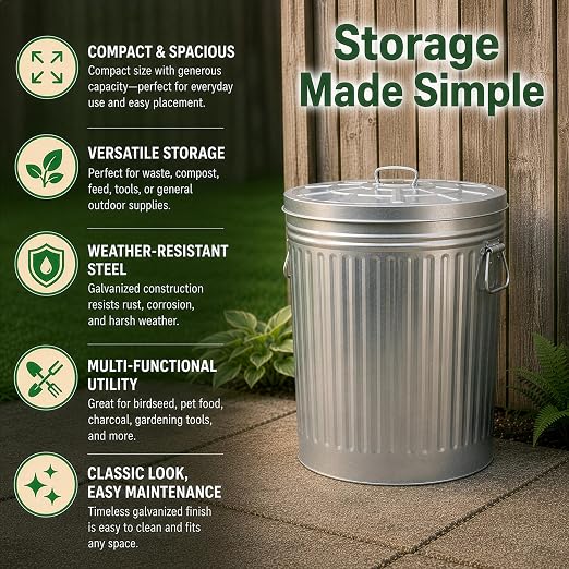 Gardenised Round Galvanized Steel, 26 Gallon Trash Can with Lid - Durable Metal Bucket for Backyard, Lawn, Garden and Yard Use - Weather-Resistant Garbage Can for Indoor and Outdoor, 28-inch