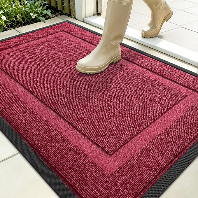 OLANLY Front Door Mat Outside 35x23, All-Season Heavy-Duty Rubber Doormat | Burgundy, Absorbent, Stain and Fade Resistant, Waterproof Non-Slip Backing, Low-Profile Indoor Outdoor Floor Mat for Entryway