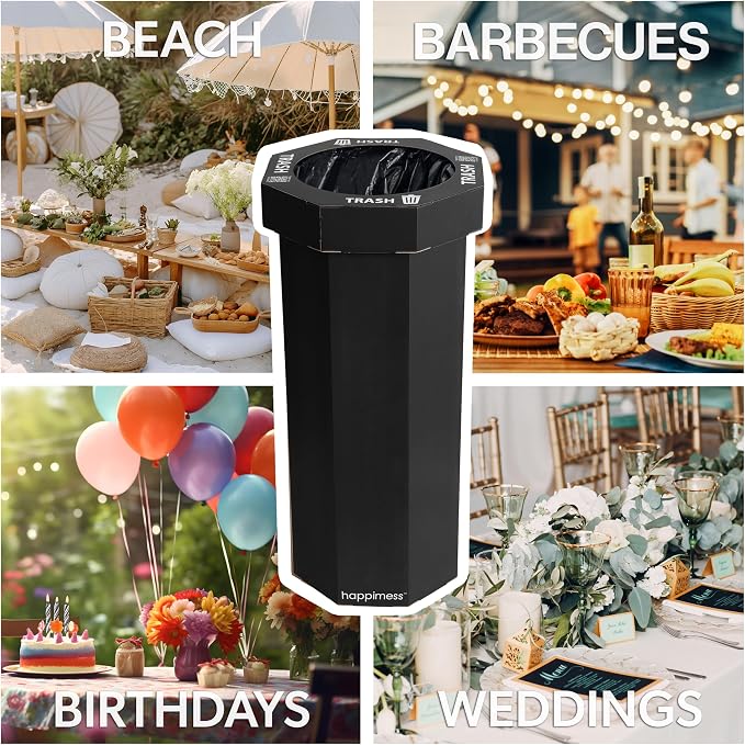 happimess Fleur 25 Gal Trash Can Bin, Charcoal Black, Set of 2 | Event Recycling, Traditional Classic Disposable Corrugated Cardboard, 32" Height, 16" Width, 16" Depth