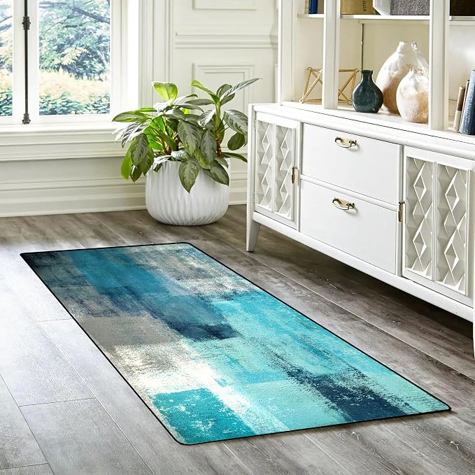 TOMWISH Kitchen Mats Turquoise and Grey Abstract Art Kitchen Rug | 20"X48"+20"X30" Washable Non-Slip Kitchen Rug Set for Kitchen Dining Room,Floor Home,Office,Sink,Laundry