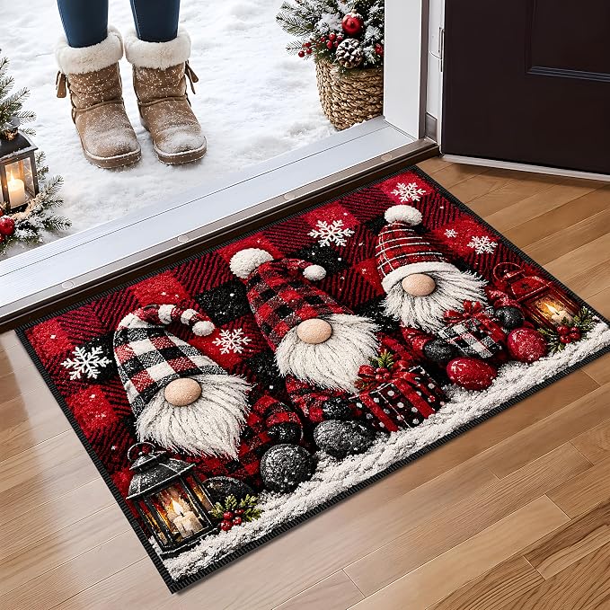 Christmas Gnome Area Rug 15.7x23.6 Inch, Faux Cashmere Non Slip Floor Mat, Red Black Plaid Holiday Rug for Entryway Bedroom Kitchen (Three Gnomes, 15.7x23.6inch)