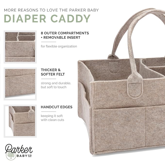 Parker Baby Co. Felt Diaper Caddy Organizer - Large, Oatmeal | Portable nursery storage bin for diapers, wipes, bottles & baby essentials in home/car. Soft felt, foldable design 16x10x7"