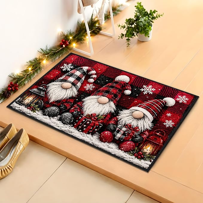 Christmas Gnome Area Rug 15.7x23.6 Inch, Faux Cashmere Non Slip Floor Mat, Red Black Plaid Holiday Rug for Entryway Bedroom Kitchen (Three Gnomes, 15.7x23.6inch)