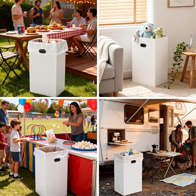 5 Pack Disposable Trash Cans for Parties, 30 Gallon Pop Up Trash Can | Collapsible with Handle, Thick Recycled Cardboard Bins for Events, Camping & Parties, Includes 10 Pcs Large Garbage Bags