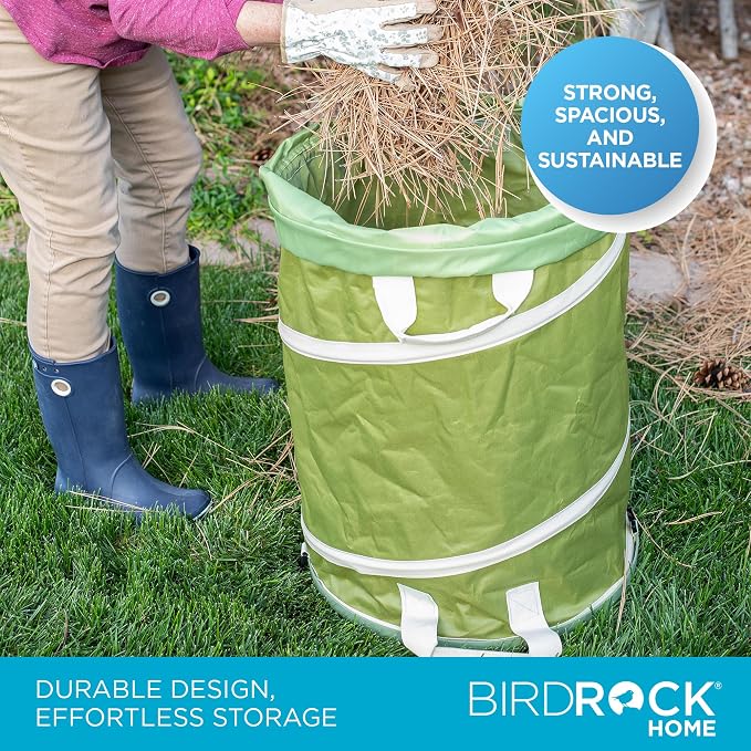 BIRDROCK HOME Collapsible Lawn and Leaf Waste Bag with Lid - 30 Gallon - Heavy Duty Reusable Camping Trash Can - Hardshell Bottom for Yard Debris, Garage Storage - Portable Garden Bin - Green | Heavy Duty Reusable Camping Trash Can with Hardshell Botto...