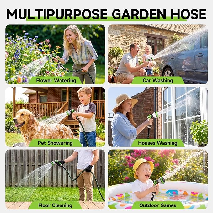 Garden Hose 75 ft Flexible Water Hose Non-Expanding Lightweight Kink-Free Hoses Durable Leak-Proof High Pressure Pipe with 3/4” Brass Fitting 10 Function Nozzle for Outdoor Yard Lawn Car Wash