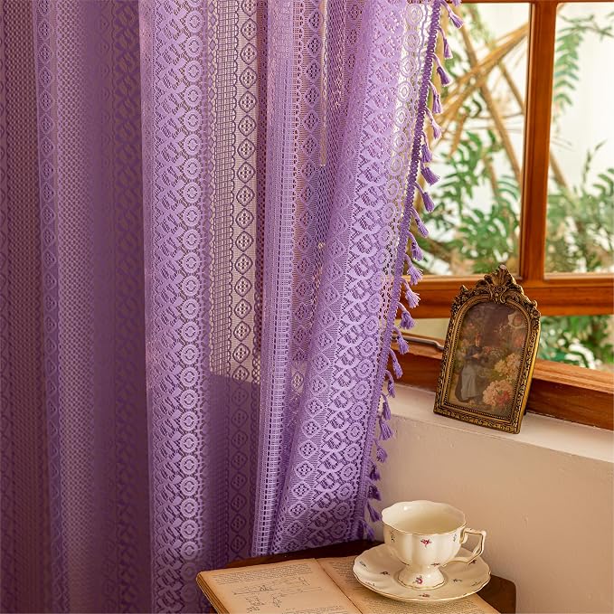 Sutuo Home Lavendar Boho Lace Curtains for Kitchen Kid's Room, Semi Sheer Macrame Bohemian Cottagecore Farmhouse Fringes Crochet Vintage Chic Window Treatment Drapes, Rod Pocket 1 Panel 59" W x 63" L