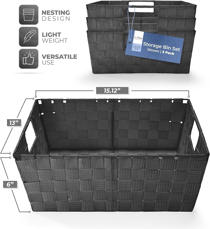 Sorbus Baskets for Organizing, Woven Storage Set (Set of 3, Black) | Carry handles, mesh construction and metal frame support fabric bins for linen closets, shelves and home decor.