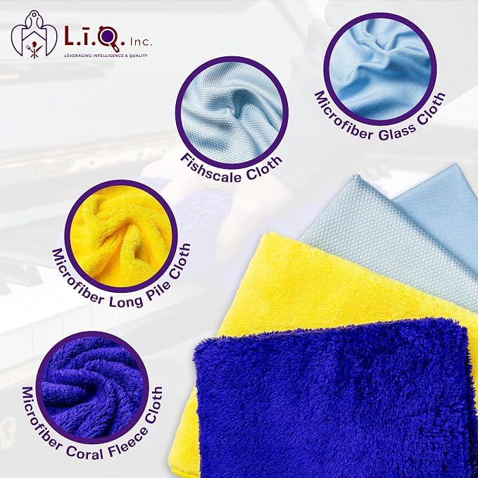 L.I.Q. Microfiber Cleaning Cloths, Reusable and Lint-Free, Pack of 12 | 4 Types of Microfiber Cloths for Cleaning: Coral Fleece, Glass, Fishscale, Long Pile (3 Each), Easy to Wash, Durable Quality