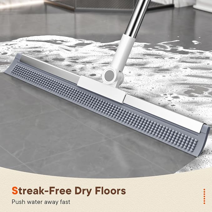 Floor Squeegee Broom with Rubber Scrubbing Teeth, 16 Inch 2-in-1 Magic Broom with 54 Inch Telescopic Long Handle, Shower Floor Squeegee for Bathroom, Kitchen, Tile, Concrete, Pet Hair