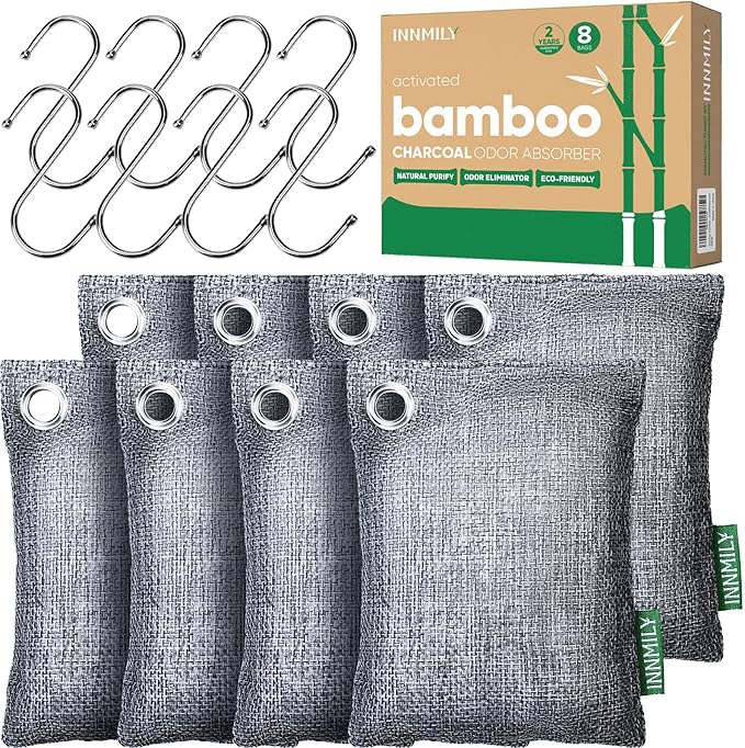 Activated Charcoal Odor Absorber, 8P Nature Odor Eliminator for Strong Odor | Bamboo Charcoal Air Purifying Bags, Moisture Absorbers for Fresh Home Car Closet Pet, Smoke Smell Deodorizer, with Hooks