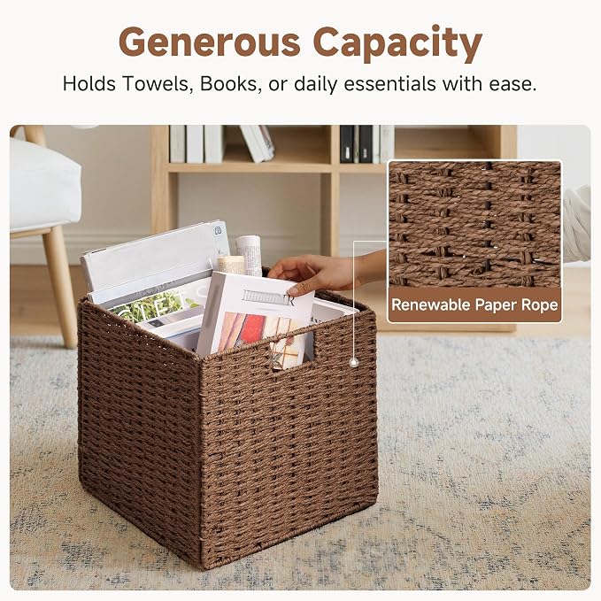 StorageWorks 13 inch Cube Storage Bins, Wicker Baskets for Storage, Brown | 2-Pack, Foldable Square Baskets, Wicker Storage Baskets for Organizing, Paper Rope Square Storage Cubes, Cube Storage Bins