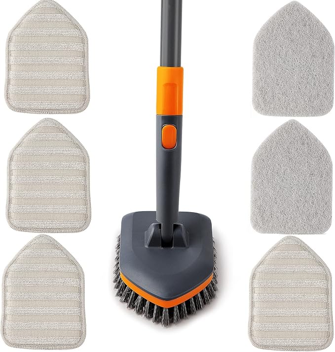 CLEANHOME Tub Tile Shower Brush for Cleaning with Different Function Cleaning Pads and 52" Extendable Long Handle-No Scratch for Cleaning Bathroom Kitchen Toilet Wall Sink