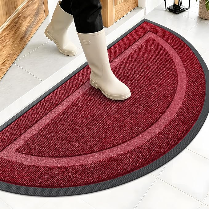 OLANLY Half Circle Front Door Mat Outside 47x23 All-Season Rubber Doormat | Wine Red, Absorbent, Heavy-Duty, Stain Fade Resistant, Waterproof Non-Slip Backing, Low-Profile Indoor Outdoor Entryway Mat