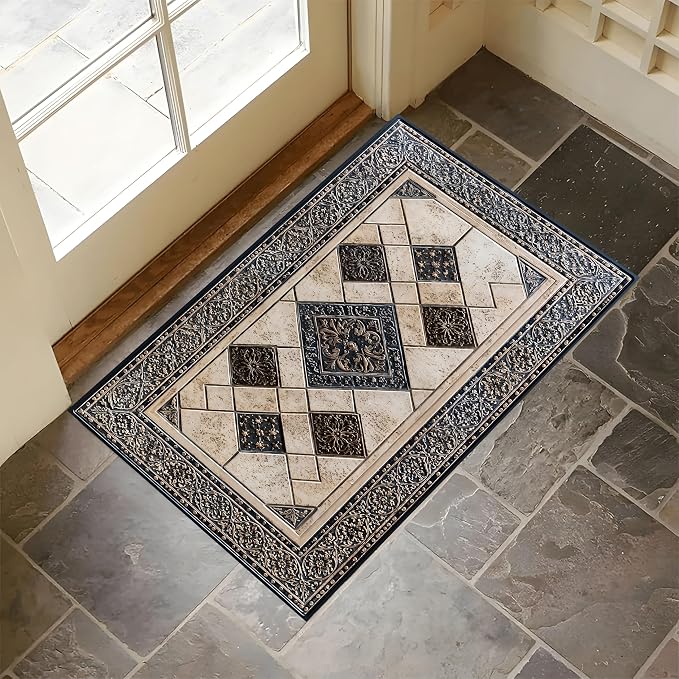Vintage Geometric Mosaic Rug 15.7x23.6 Inch, Faux Cashmere Non Slip Small Area Rug, Decorative Indoor Floor Mat for Entryway Bedroom Kitchen (Geometric Grid, 15.7x23.6inch)