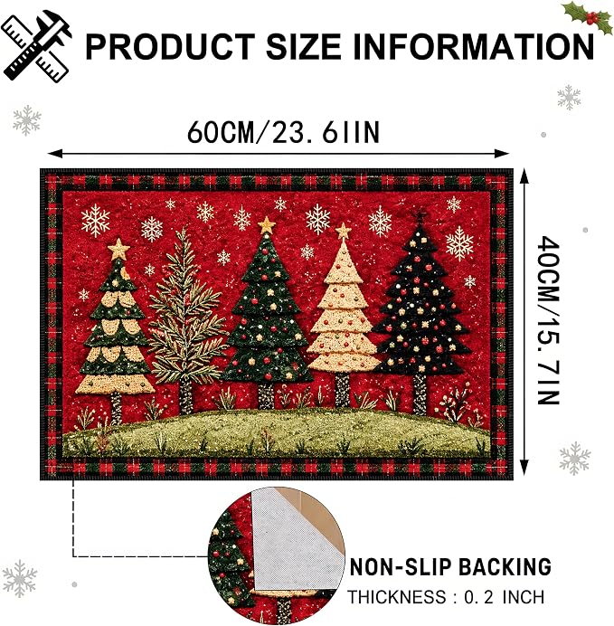 Christmas Tree Area Rug 15.7x23.6 Inch, Faux Cashmere Non Slip Floor Mat, Red Snowflake Holiday Rug for Entryway Bedroom Kitchen (Christmas Tree, 15.7x23.6inch)