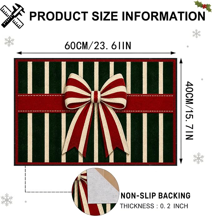 Christmas Bow Rug 15.7x23.6 in, Faux Cashmere Non Slip Floor Mat (Striped Bow, 15.7x23.6inch)